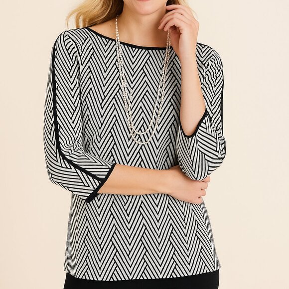 Chico's Sweaters - Chico’s Chevron Print Black White Sweater Large 2 Preppy Classic Office Y2K